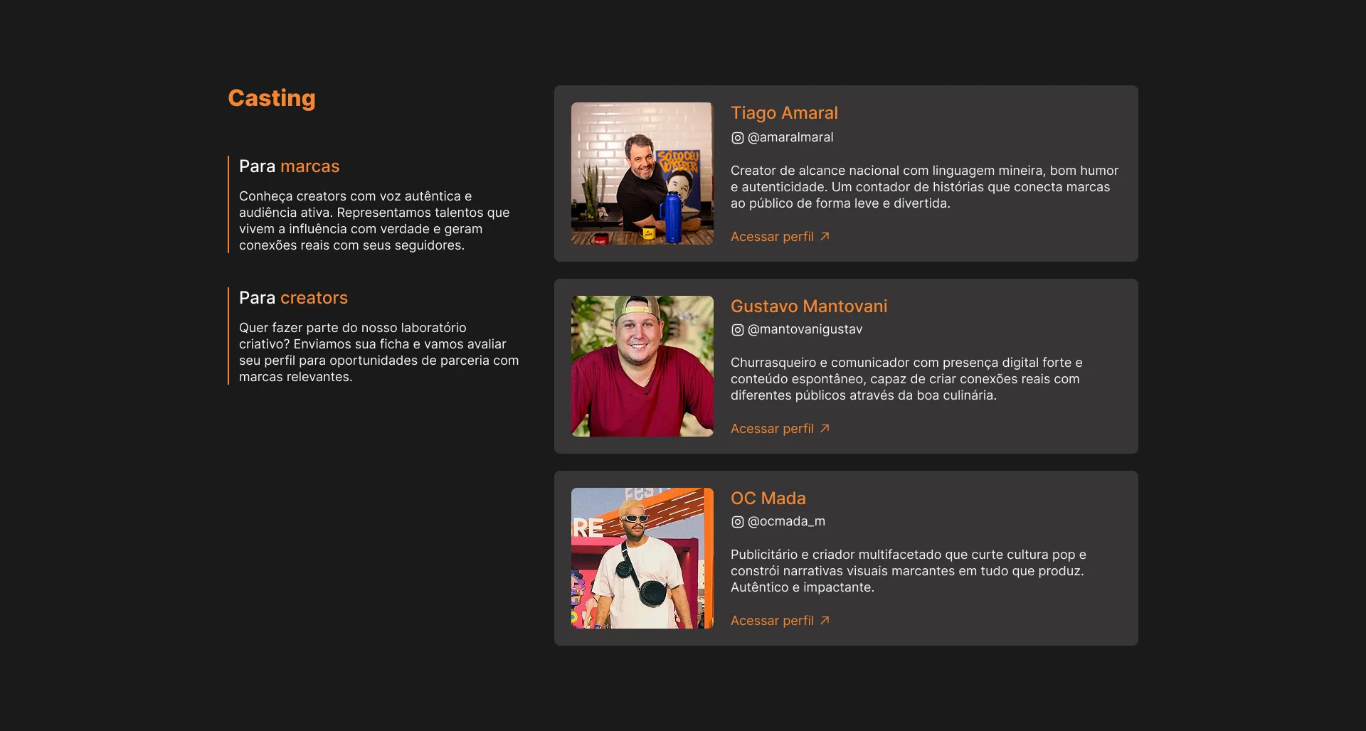 Seção “Casting” do site da K-Lab Hub: os textos “Para marcas” e “Para creators” ao lado de três cartões de creator, cada um com foto, nome, arroba e link para o perfil.