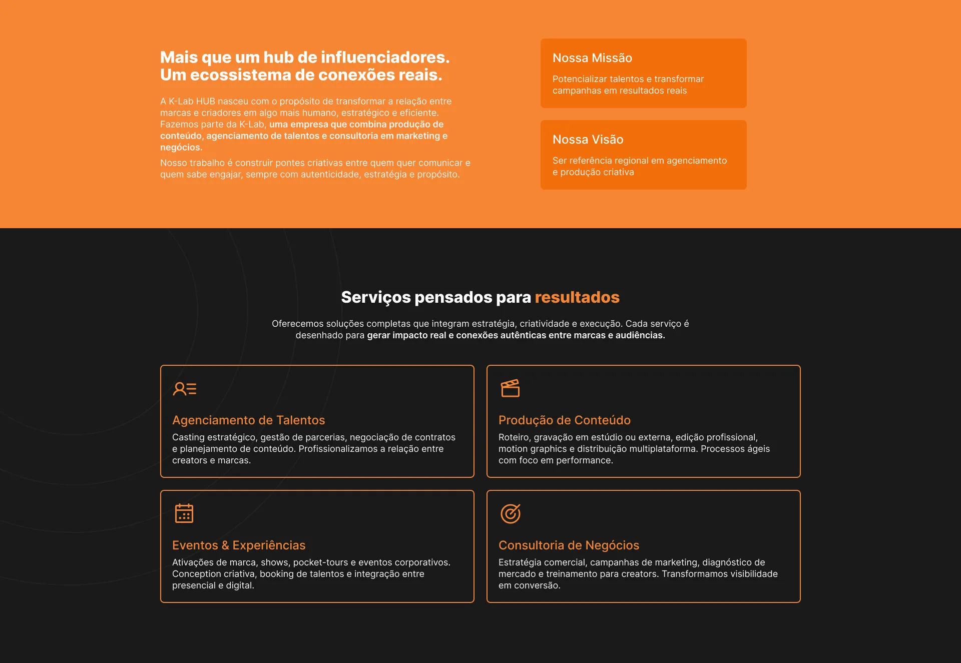 Topo do site da K-Lab Hub: uma faixa laranja com a chamada “Mais que um hub de influenciadores” e os cartões de missão e visão, seguida da seção “Serviços pensados para resultados”.