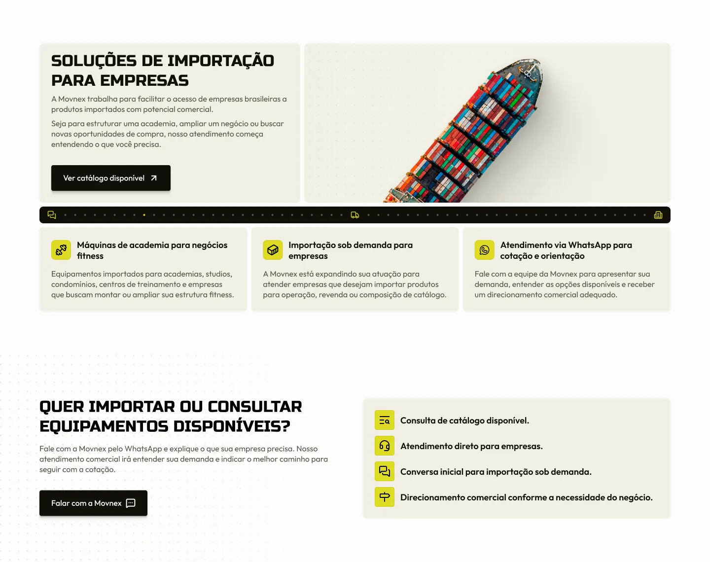 Trecho final do site da Movnex: três cartões de serviço lado a lado e o bloco “Quer importar ou consultar equipamentos disponíveis?”, com uma lista do que a empresa oferece.