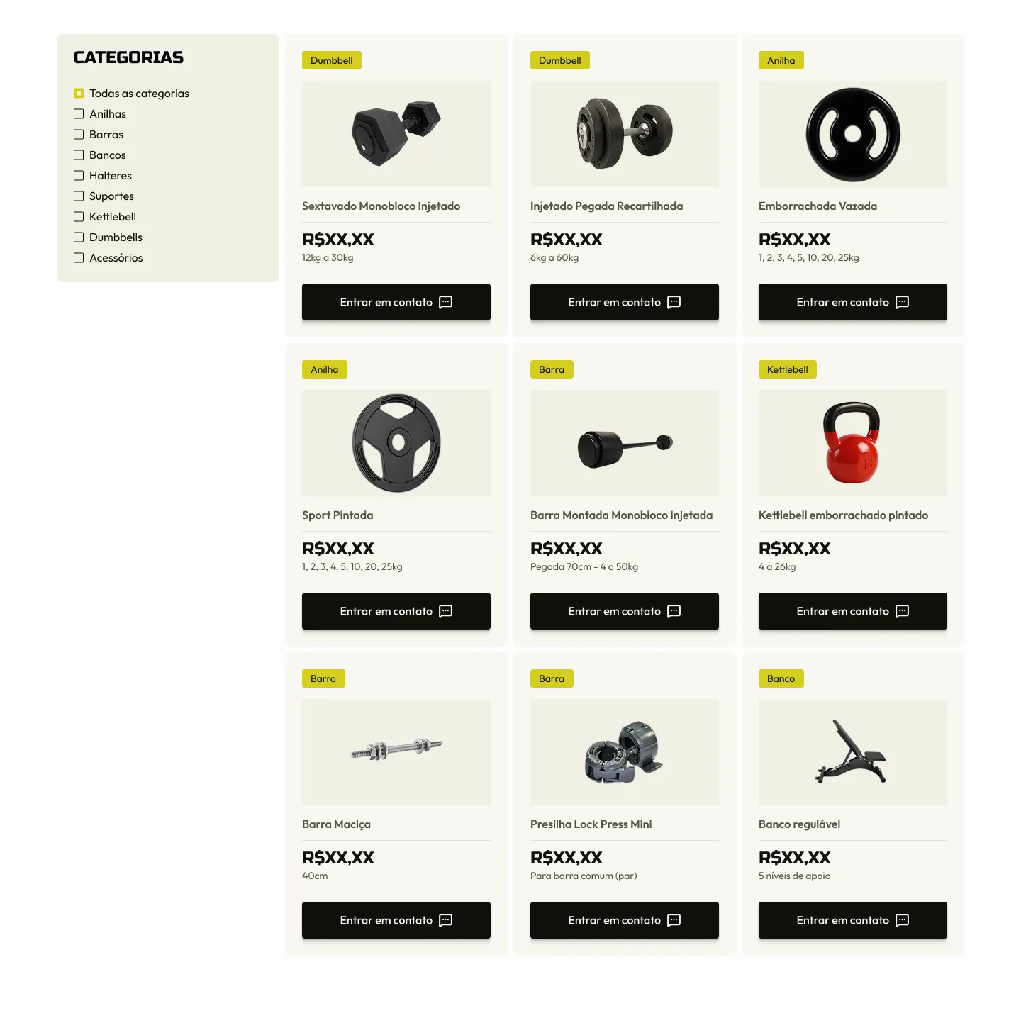 Página de catálogo da Movnex: uma barra lateral de categorias e uma grade de produtos — halteres, anilhas e kettlebell — cada um com preço e botão de contato.