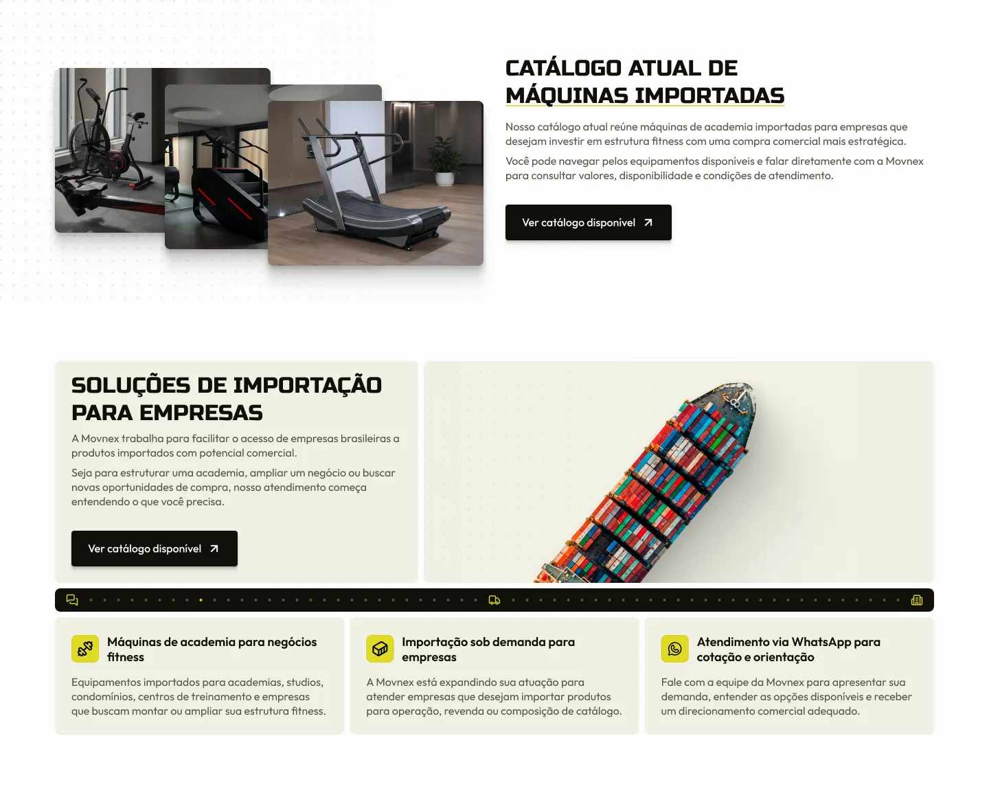 Duas seções do site da Movnex: “Catálogo atual de máquinas importadas”, com fotos de esteiras e equipamentos, e “Soluções de importação para empresas”, com a foto de contêineres empilhados.