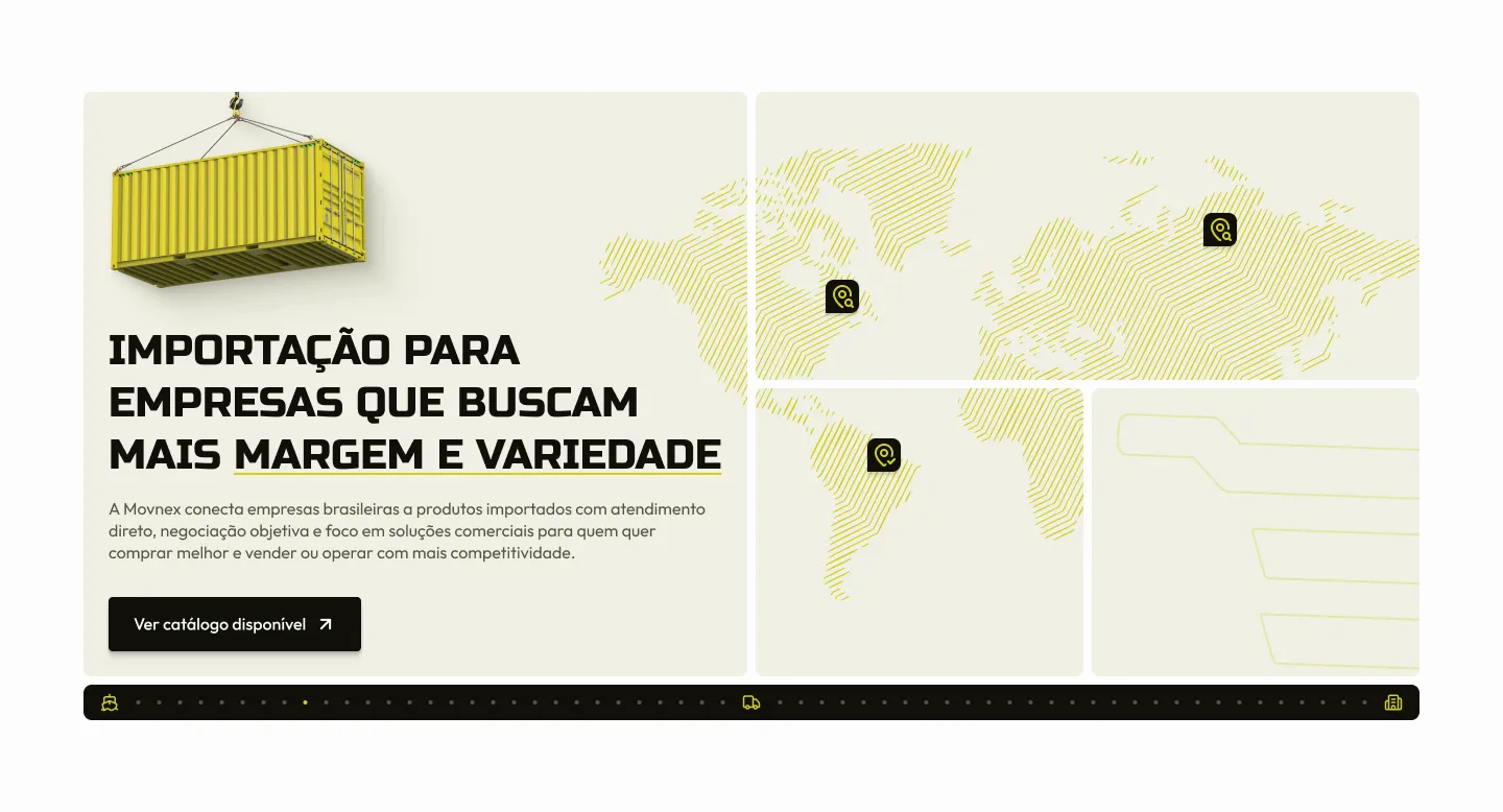 Página inicial do site da Movnex: um contêiner amarelo suspenso, a chamada sobre importação e um mapa-múndi com marcadores.